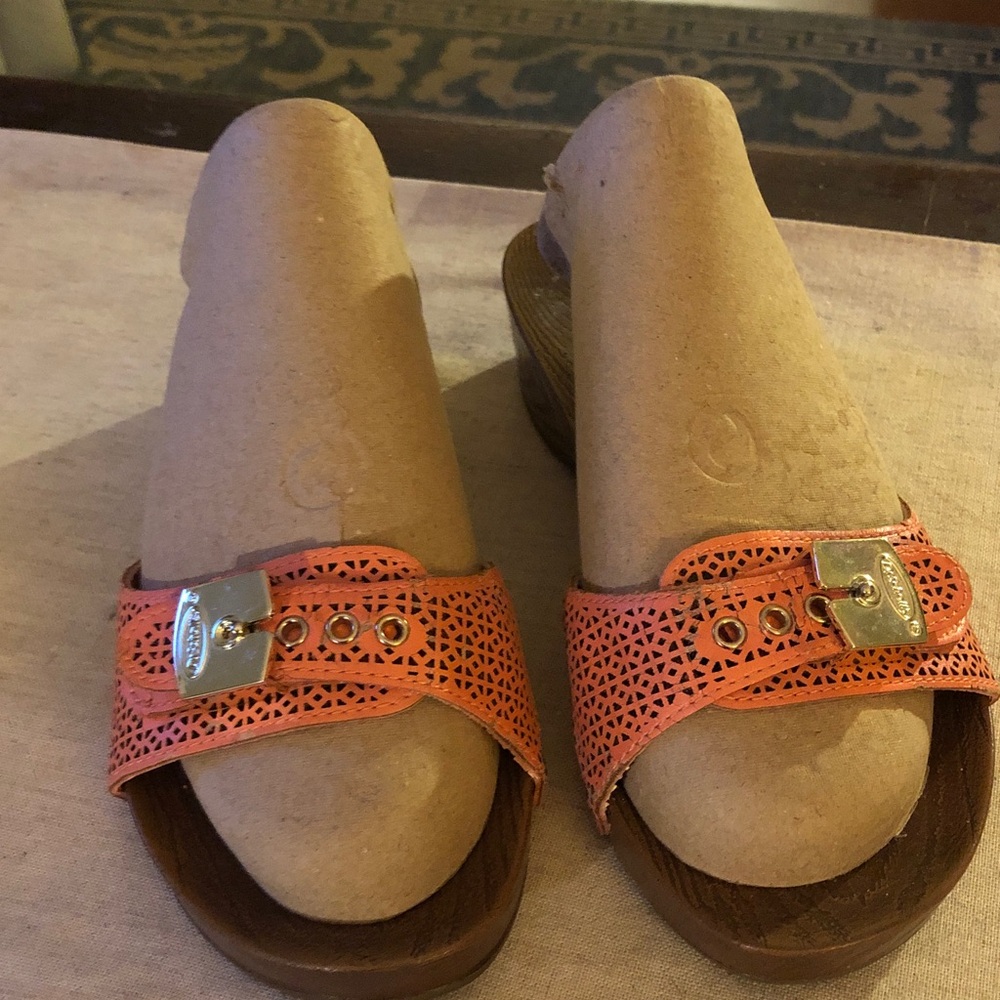 Dr. Scholl's Orange Laser-Cut Slide Sandals with Gold Buckle